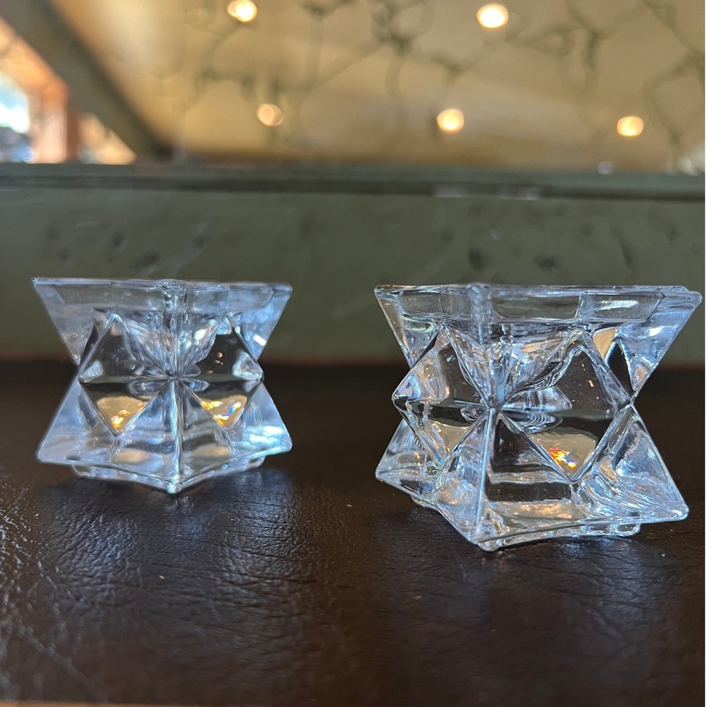 Vintage Geometric Starburst Crystal Style Candle Holder Pair 70s Space Age Decor